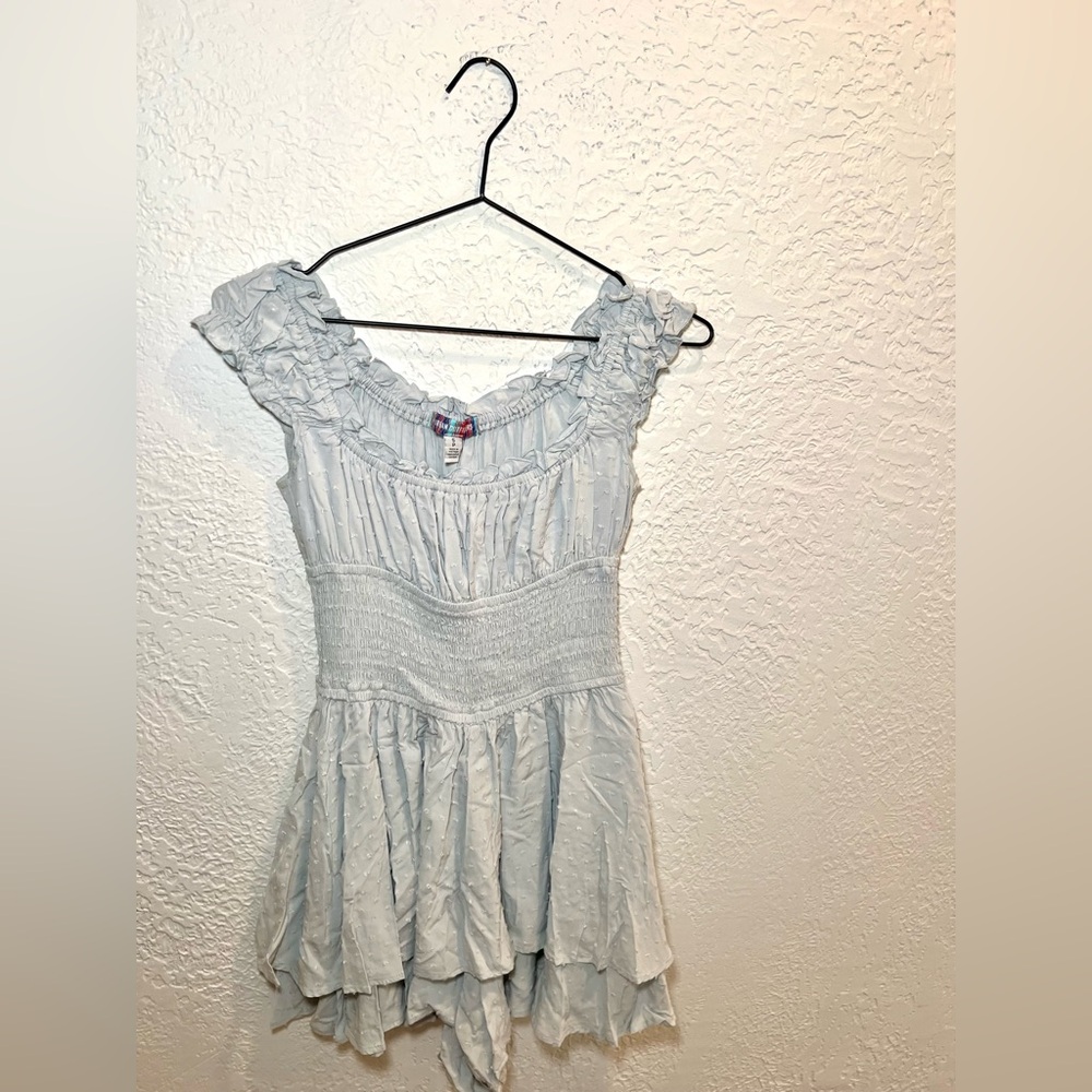 Urban Outfitters Pastel Blue Off-Shoulder Flowy Romper